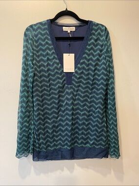 Hale Bob Teal & Navy V‑Neck Zigzag Knit Pullover